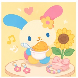 U*SA*HA*NA Hana surrounded by sunflowers and sweet treats