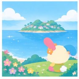 U*SA*HA*NA Hana gazing over her small sunny island home surrounded by blue ocean