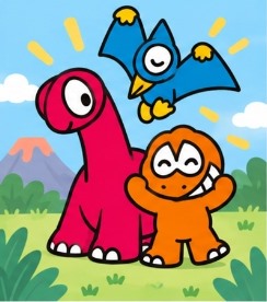 Dinosaurs cheering with arms raised in front of volcanic mountain sunrise