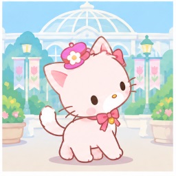 Winkipinki strolling gracefully at a Sanrio Exhibition garden terrace