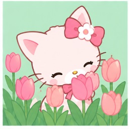 Winkipinki sitting among blooming pink tulips in her garden