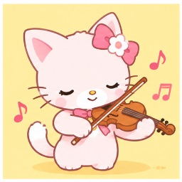 Winkipinki playing the violin with musical notes floating around