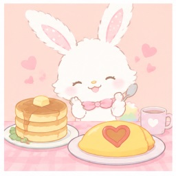 Mell enjoying her favorite dishes: fluffy pancakes and omurice