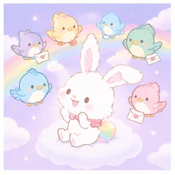Mell on a cloud surrounded by the seven colorful messenger birds