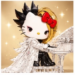 yoshikitty playing a crystal grand piano in white feathered cape