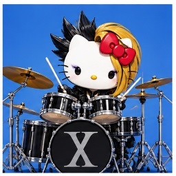 yoshikitty playing double-bass rock drums with X emblem