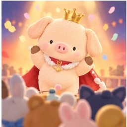 Zashikibuta wearing a crown and royal cape celebrating his historic first place victory