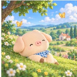 Zashikibuta resting peacefully in a lush countryside flower meadow