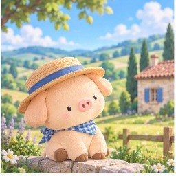 Zashikibuta sitting on a stone wall overlooking the rolling hills of the French countryside